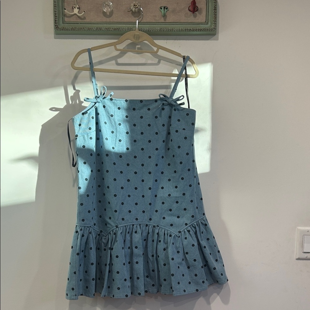 AVEC LES FILLES Black Polka Dot denim light blue mini bow ruffle Dress L new